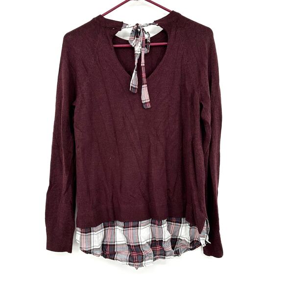 Loft Size Medium Sweater Maroon Red Plaid‎ Layered Look Keyhole Back Academic - Picture 2 of 5